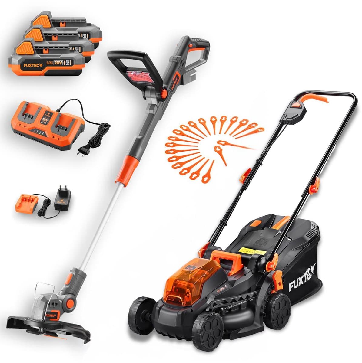 FUXTEC Accu tuinset – 33 cm grasmaaier & 25 cm bosmaaier incl. 3x 2Ah Li-Ion accu en duolader — afbeelding 1