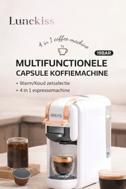 Lunekiss 4-in-1 Caps Espressomachine 19 Bar programmeerbaar voor capsules +ESE 44mm +gemalen 0,6L Heet/Koud Auto-off Wit — thumbnail 4