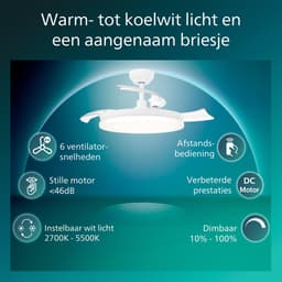 Philips Solr Plafondventilator met LED-lamp - 3 Intrekbare bladen - Diameter: 106cm - Drie tinten wit licht (2700K / 4000K / 5500K) - Dimbaar tot 10% - Afstandsbediening - Wit - 4500 Lumen — thumbnail 5