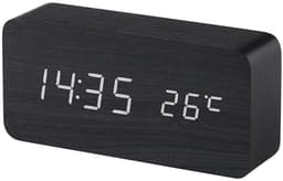 QTTVBTNA -Digitale wekker, houten design, elektronisch led-display, tijd- en datumweergave, temperatuur- en vochtigheidsmeting, 3 alarminstellingen, 3 helderheidsniveaus, geschikt voor thuis, slaapkamer, kantoor en op reis - zwart — thumbnail 1