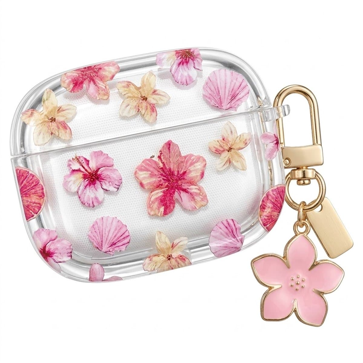Transparant roze hoesje voor oordopjes dames met bloemen patroon en decoratieve hanger geschikt voor AirPods Pro 3 met ronde vorm en goudkleurige clip — afbeelding 1