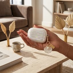 Transparant parelmoer hoesje voor oordopjes dames met schelp patroon en decoratieve hanger geschikt voor AirPods Pro 3 met iriserende afwerking en clip — thumbnail 5
