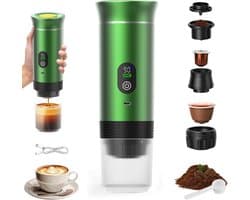 Draagbaar koffiezetapparaat 3-in-1 - Oplaadbaar, draagbaar reiskoffiezetapparaat - 20-25 uur - 12V espressomachine voor capsule-Capaciteitsupgrade -CNC - Verhoogde capaciteit-gemalen koffie - voor kamperen, reizen, kantoor, auto en thuis (Groen)