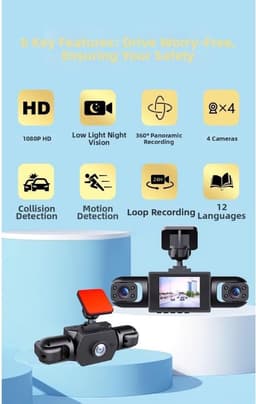 360° Full View Car Dashcam, 4K UHD Front & 1080P zij-achteruitrijcamera, met bewegingsdetectie, ondersteunt fietsopname, slimme parkeerbewakingscamera, 170 graden groothoek-dashcam (drie lenzen) — thumbnail 4