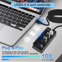 USB 3.0 4-poorts hub met LED-schakelaars - Draagbare poortuitbreider voor pc en apparaten — thumbnail 2