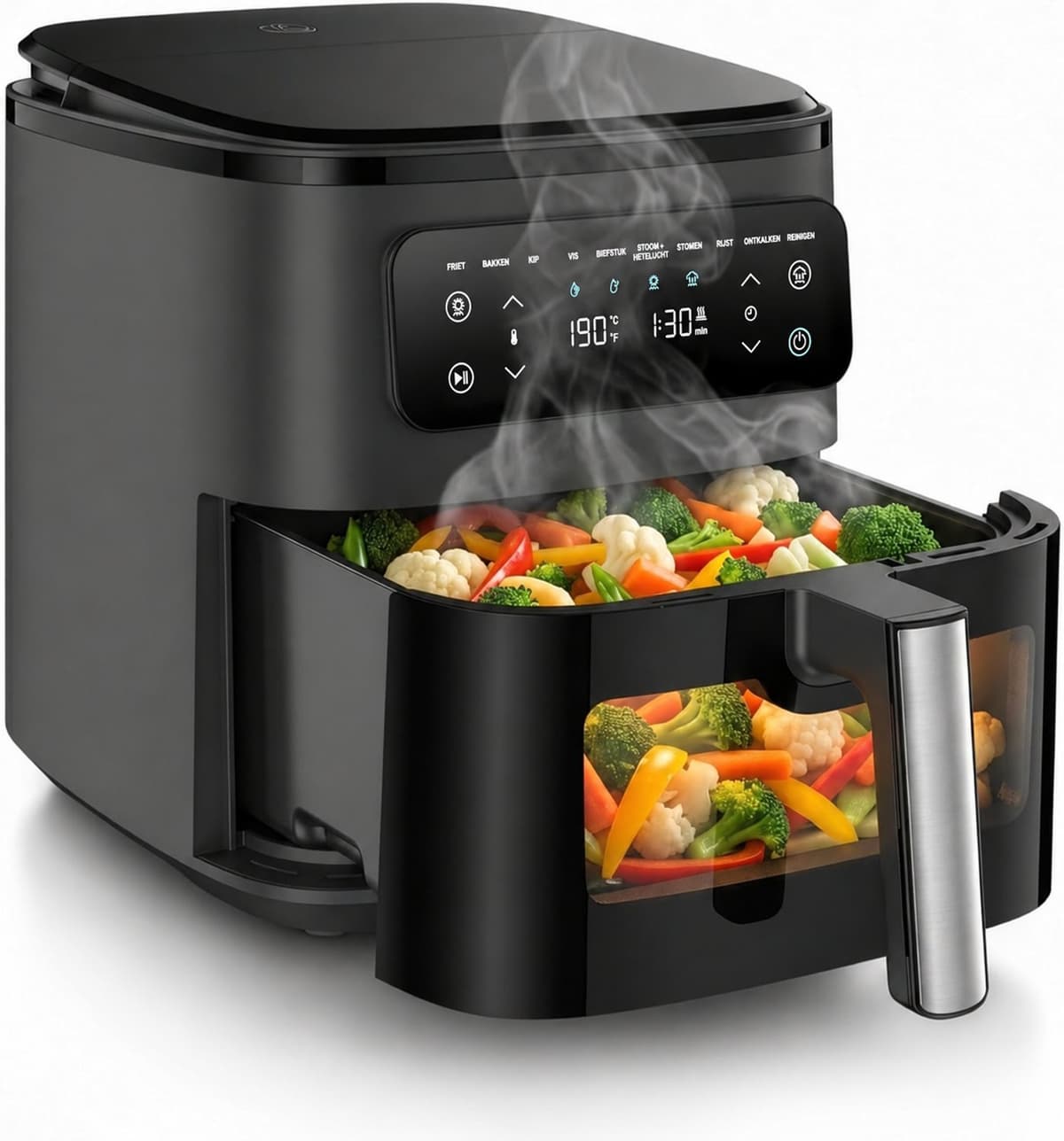 airfryer met stoomfunctie - Heteluchtfriteuse - Zwarte kleur - Digitale Air Fryer - 8,8L - 1700W - Meer Kookfuncties - Kijkvenster - 360° Heteluchttechnologie - Touchscreen - Vaatwasmachinebestendige Onderdelen — afbeelding 1