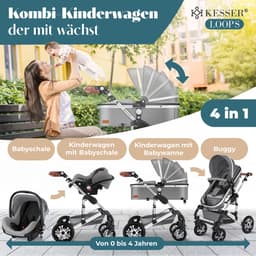 KESSER® Kinderwagen 3 in 1 Loops Wandelwagen Set incl. Autostoel & Reiswieg & Buggy Sportzitje - Massieve Rubberbanden - Luiertas / Regenhoes - Asfalt-Grijs / Zilver — thumbnail 4