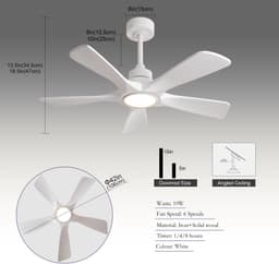 MIVRAY Plafondventilator Met Verlichting - 106 Cm - Vijf Houten Bladen - Wit - Dimbare Ledverlichting - Afstandsbediening Met Zes Snelheden — thumbnail 5