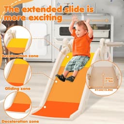Glijbaan voor binnen en buiten, babyglijbaan voor peuters -2 jaar, 2-in-1 kinderglijbaan met basketbalmand en lange glijbaan, stabiele kunststof glijbaan — thumbnail 4