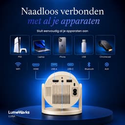 LumeWorks Luna Mini Beamer 2026 - 4K Support - Smart Projector met Android 14 - WiFi 6 & Bluetooth - Home Cinema - Draagbaar - Streamen vanaf Telefoon - Wit — thumbnail 2