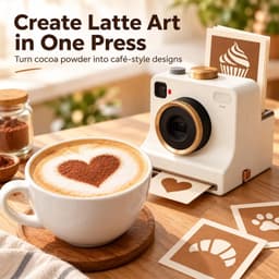 Koffie Printer - 3D Latte Art Maker - Cappuccino Sjabloon - Retro Camera Poederverdeler - Geprint (9.5x9.5x12 cm) - 4 Sjablonen (Cupcake, Croissant, Roos & Latte Art) - Geschikt voor Koffie & Taart - Groen — thumbnail 2