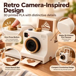 Koffie Printer - 3D Latte Art Maker - Cappuccino Sjabloon - Retro Camera Poederverdeler - Geprint (9.5x9.5x12 cm) - 4 Sjablonen (Cupcake, Croissant, Roos & Latte Art) - Geschikt voor Koffie & Taart - Groen — thumbnail 5