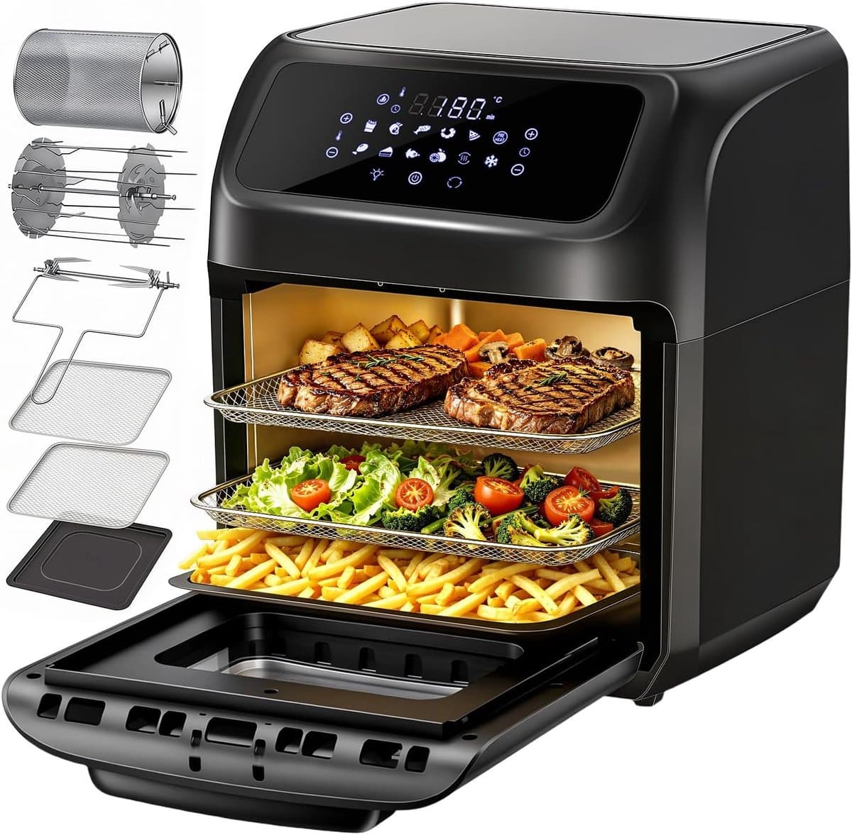 Heteluchtfriteuse, 12 l heteluchtoven, mini-oven, 1800 W, heteluchtoven met digitaal led-display, fruitdehydrator, barbecue | Heteluchtoven, 1800 W, 7 accessoires, 12-in-1 AirFryer, warmhoudfunctie, vaatwasmachinebestendig — afbeelding 1
