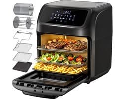 Heteluchtfriteuse, 12 l heteluchtoven, mini-oven, 1800 W, heteluchtoven met digitaal led-display, fruitdehydrator, barbecue | Heteluchtoven, 1800 W, 7 accessoires, 12-in-1 AirFryer, warmhoudfunctie, vaatwasmachinebestendig