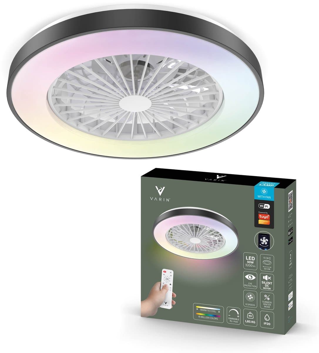 Varin® Smart Ventilator met verlichting - Zwart - Tuya Wifi - LED 30W RGBW - Ø 50cm - Super stil - Afstandsbediening smart lamp - Plafondlamp slaapkamer - Plafonniere woonkamer - Plafondlampen - Plafond lamp - Verlichting kinderkamer - Ventilator — afbeelding 1