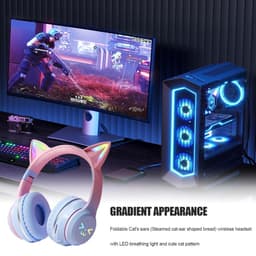 Koptelefoon Kinderen - headset draadloos - LED verlicht - kat - kattenoortjes - opvouwbaar - bluetooth - 10 uur batterijleven - Roze — thumbnail 4