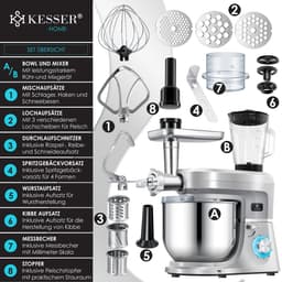 KESSER® 3 in 1 Keukenmachine Foodprocessor - Keukenmixer - Keukenrobotor K-KM 3000 met Kneder Multifunctionele Mixer 5,5 L Kom met 3 Menggereedschappen 1,5 L Sapcentrifuge Worstset Pasta & Koekjesvormen - Zilver — thumbnail 5