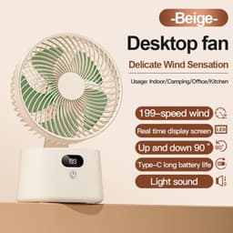 VHV - Ventilator - Tafelventilator - Bureauventilator - 199 Snelheden Draagbare Fan met Digitaal Display - Stille Tafelventilator met 90° Kanteling - Oplaadbare Ventilator voor Kantoor en Kamperen - Beige — thumbnail 4