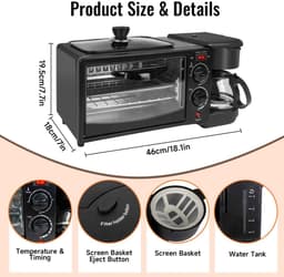 Casa Living Ontbijtstation - 3-in-1 Ontbijtmaker - Koffiezetapparaat, 9L Oven & Koekenpan - Compact Design - 1050W - Zwart — thumbnail 2