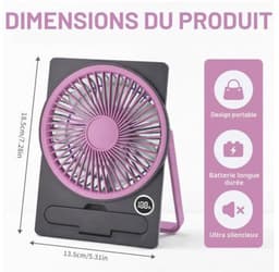Bureauventilator, stille USB-ventilator, mini stille ventilator, ventilator met 5 snelheden, LED-display, compact (paars) — thumbnail 2