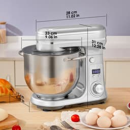 Keukenmachine 6L - 1200W - Staande Mixer - RVS Mengkom - 6 Snelheden + Pulse - LED Display - Inclusief Garde, Deeghaak & Platte Menghaak - Zilver — thumbnail 1