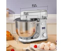 Keukenmachine 6L - 1200W - Staande Mixer - RVS Mengkom - 6 Snelheden + Pulse - LED Display - Inclusief Garde, Deeghaak & Platte Menghaak - Zilver