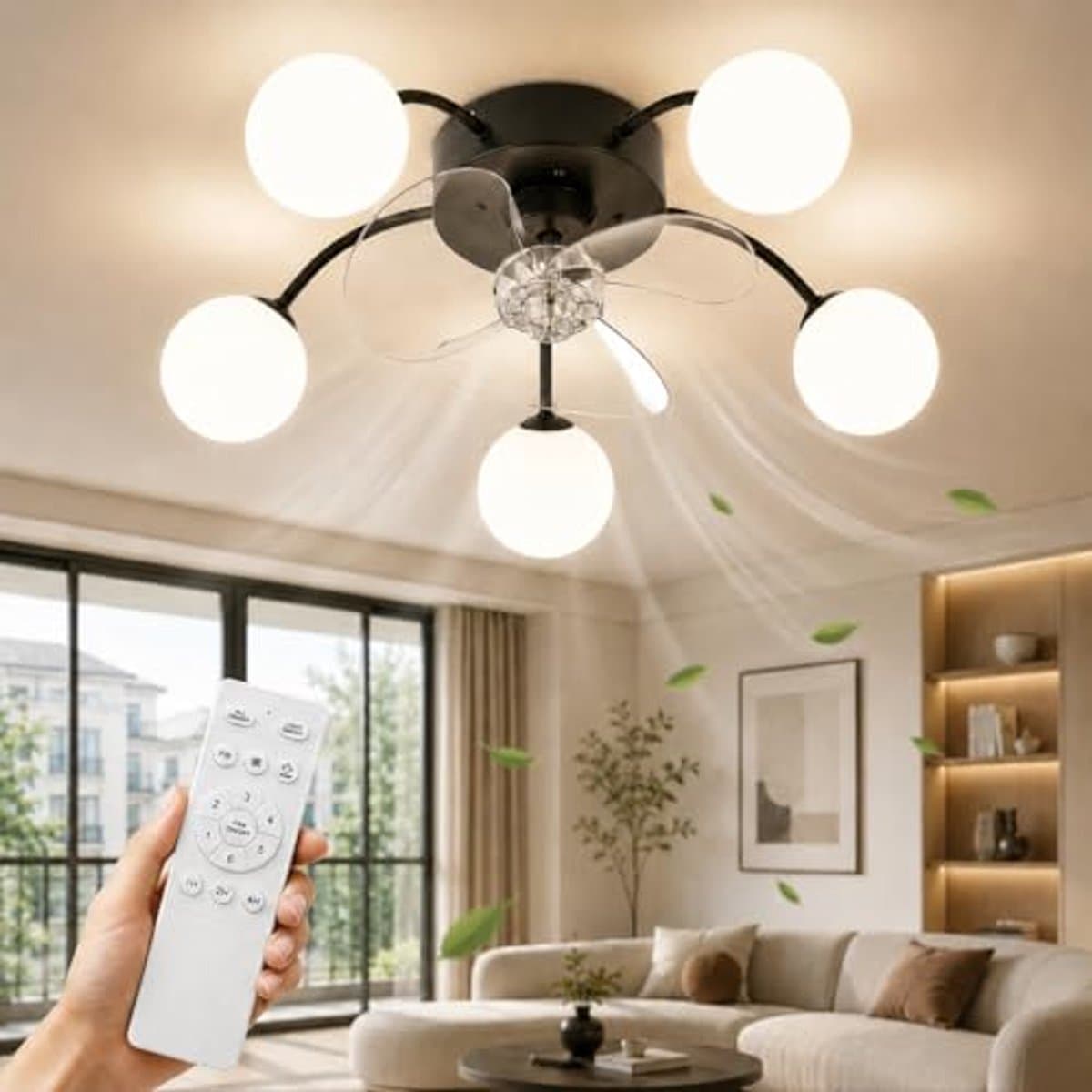 Glitzerlife - Plafond ventilator met verlichting Plafondlamp Ventilatorlamp - 5xG9 fitting - Stille plafondventilator DC motor 6 snelheden omkeerbaar - afstandsbediening timerfunctie - modern design metaal PC - Ø57cm - zwart — afbeelding 1