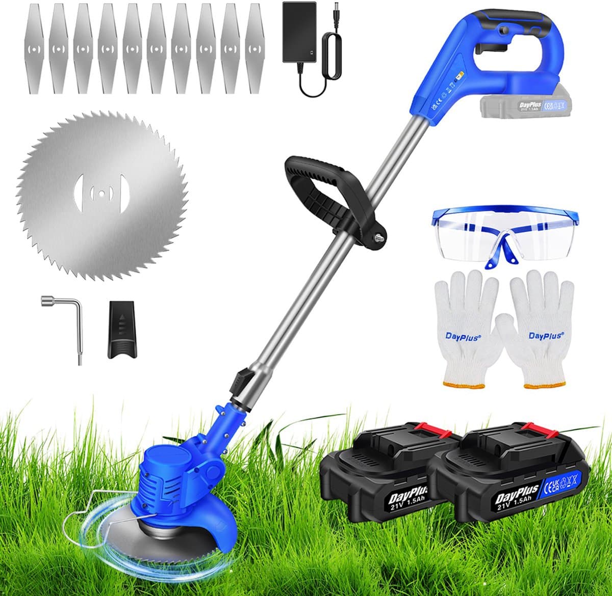 Accu-Grasmaaier met 21V Accu, Bosmaaier, Elektrische Grasmaaier met 2 Accu’s, Trimmer, Tuin-, Gazon- en Onkruidtrimmer, Elektrische Trimmer, Tuinkantensnijder Voor Tuin en Erf — afbeelding 1