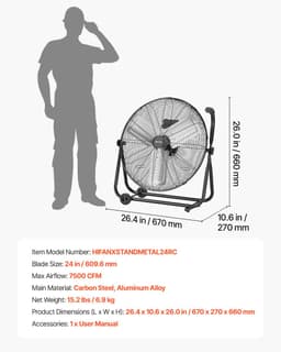 VEVOR Vloerventilator Ø609,6 mm, Windmachine 360° Kantelbaar, Staande Ventilator met 3 Snelheidsstanden, Draagbare Trommelventilator met Handvat, Wielen & 1,6 m Kabel, Industriële Ventilator voor Garage Magazijn — thumbnail 3