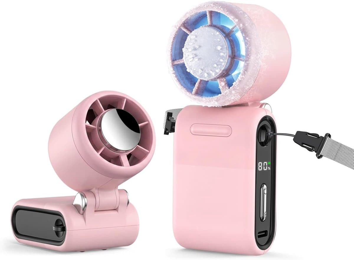 Draagbare Handventilator met IJskoeling, 3-in-1 Oplaadbare Persoonlijke Zakventilator met LED-display, Tot 10 Uur Verkoeling, 1-100 Traploze Snelheid voor Reizen Buiten Kamperen - Roze — afbeelding 1