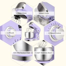 Elektrische Keukenmixer - Handmixer Staande Mixer - Bakken Thuis - Compact Ontwerp - 3 Liter Kom - Paars — thumbnail 5