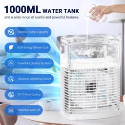 Draagbare luchtkoeler - 1200ml watertank - 3 snelheden en 3 koelmodi - stil met afstandsbediening, 7 kleurenlampen en 8-uurs timer voor slaapkamer, kantoor en auto — thumbnail 4