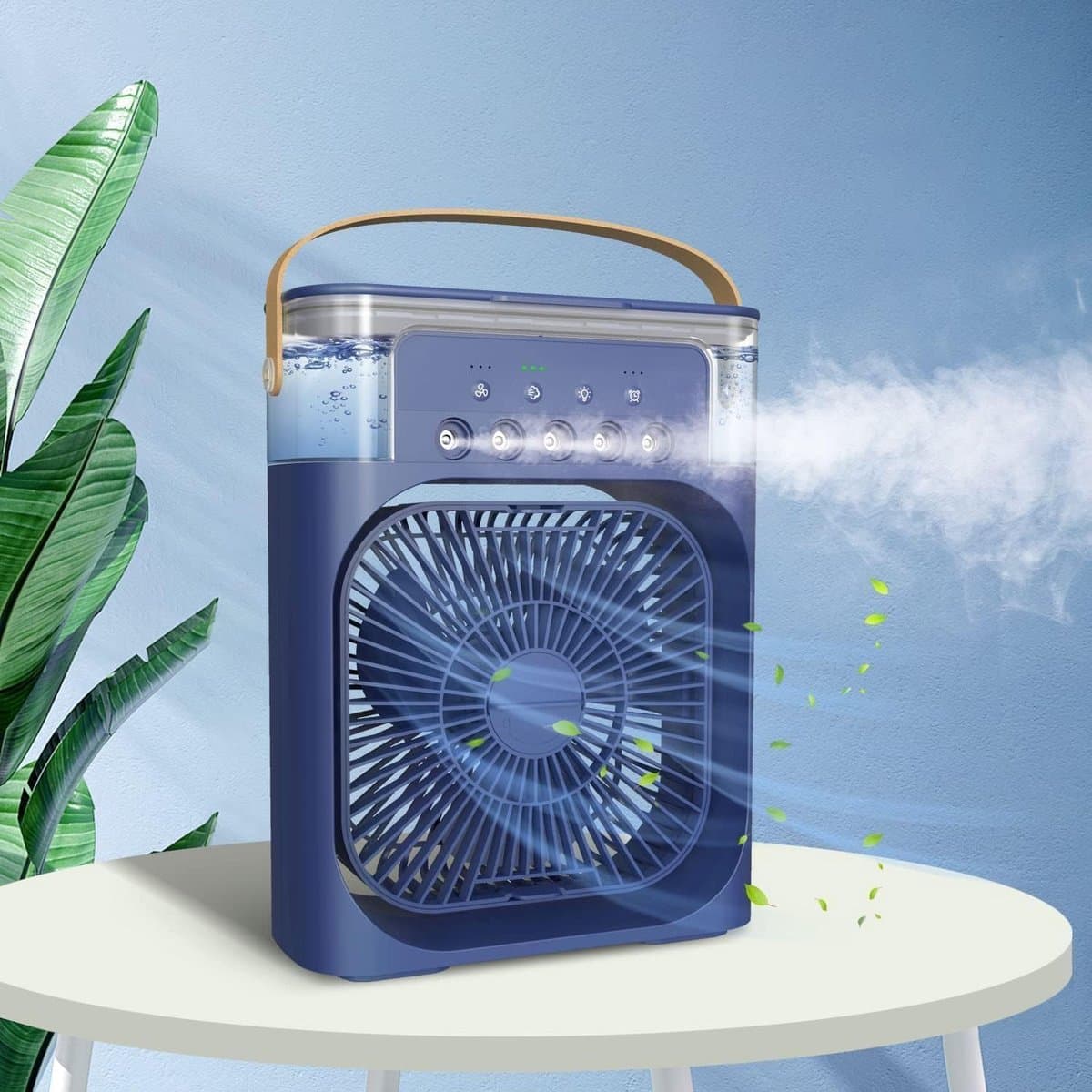 Draagbare USB-miniairco-ventilator voor op het bureau met vernevelaar, aromadiffuser, luchtbevochtiger, timer, automatische uitschakeling, draaifunctie, 7-kleuren-led en stille werking – Voor thuisgebruik - blauw — afbeelding 1