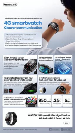 Remax WATCH19 - Smartwatch - 4G - Android - 2GB + 16GB - Bellen zonder telefoon - Zwart — thumbnail 2