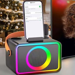 Zwarte Karaoke Set - Draagbare Bluetooth Karaoke Speaker - 2 Draadloze Microfoons - 10W 360° Stereogeluid - 5 Stemeffecten - Meerkleurige Verlichting - Voor Thuis, Feestjes, BBQ en Kamperen — thumbnail 4