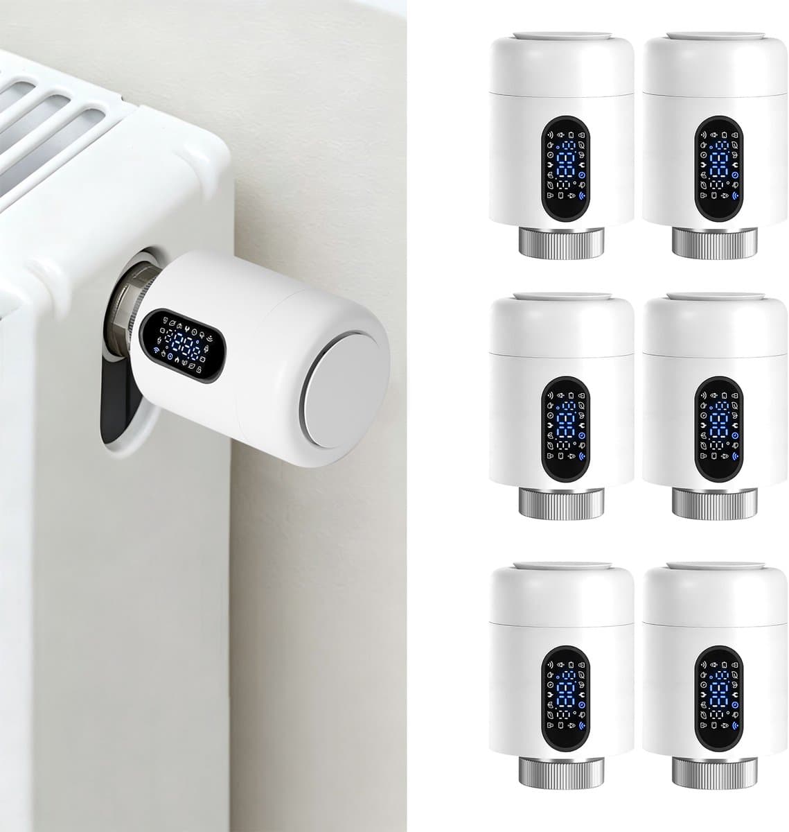 Radiator Thermostaat WiFi – Raamdetectie, Vorstbeveiliging en Kinderslot – Wit – 6-pack — afbeelding 1