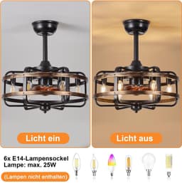 Plafondventilator met verlichting retro industrieel stil met afstandsbediening timer zwart metalen kooi 46 cm — thumbnail 5