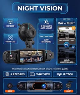 Dashcam voor auto - Zwart - 7 x 14 x 10 cm - 4 Camera's met 360 Graden Bescherming en Nachtzicht — thumbnail 4