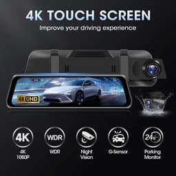 Dashcam voor auto - Zwart - 10 inch - Spiegel Dashcam met 4K Ultra-HD en Achteruitrijcamera - Voor Auto — thumbnail 2