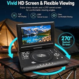 Draagbare DVD-speler 7,8 inch met Draaibaar HD-scherm, Oplaadbaar, 1 Stuk, Dubbele Luidsprekers, AV-uitgang, USB- en SD-kaartondersteuning, Ingebouwde Batterij, voor Auto, Reizen, Camping en Camper — thumbnail 4