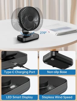 Mini Bureauventilator - Stil - Oplaadbaar - 3600mAh Batterij - 4 Windsnelheden - 120° Oscillatie - Voor Thuis, Kantoor En Reizen - Zwart — thumbnail 4