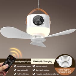 kampeer ventilator - fan - plafondventilator - ventilator - plafondventilator met verlichting - plafondventilator lamp - plafonventilator afstandsbediening- kampeerventilator accu - draagbare plafond ventilator - geel - 7200mAh — thumbnail 3