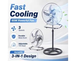 Staande Ventilator 3-in-1 - Vloer Tafel en Wandventilator - 3 Snelheden & Oscillatie - 60W Aluminium Bladen - Zilver