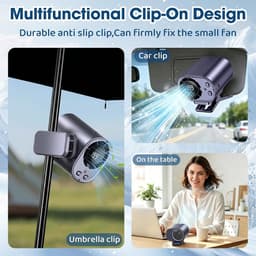 LISM - Autoventilator met clip, LED-display en nachtlampje, 360° draaibare hogesnelheidsventilator, USB-oplaadbare persoonlijke ventilator, handsfree clipventilator, Geschikt voor auto, kantoor, camping en buitengebruik in de zomer (grijs). — thumbnail 2