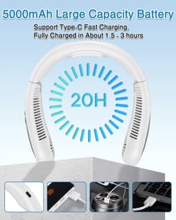 Ventilator - Nekventilator met koelplaat - 360 graden koeling - 5000mAh oplaadbaar - USB - Bladloos en opvouwbaar - Handsfree draagbaar - Wit — thumbnail 4