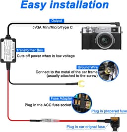 SnelShoppen - Dash Cam Hardwire Kit USB Type-C Adapter Micro/Mini USB Voeding Kabel 12V-24V naar 5V met 4 Fuse Tap Kabel en Tool voor GPS Navigatie Ra — thumbnail 2