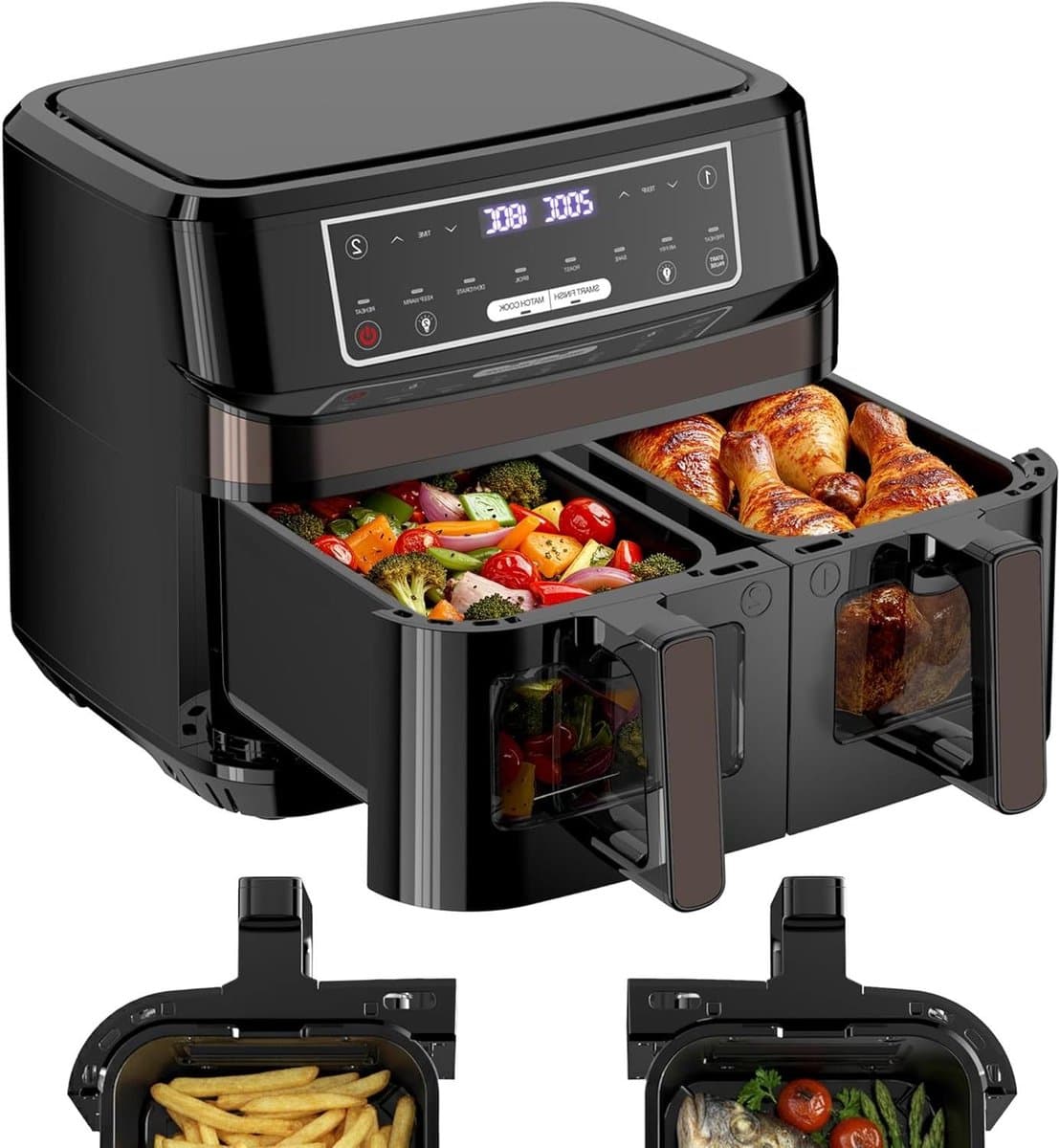Heteluchtfriteuse Dubbel - Dubbele Airfryer - Gezond Koken - Twee Zones - 10 Liter - Zilver — afbeelding 1