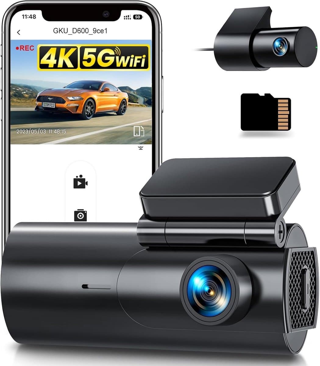 SnelShoppen - GKU 4K Dashcam Voor en Achter, WiFi Dashcam Auto met 64GB SD-Kaart, Dual Auto Camera met Parking Monitor, Nachtzicht, WDR, 170° Brede Ho — afbeelding 1