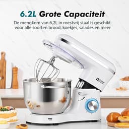 SnelShoppen - Keukenmachine 6,2 L Staande Mixer 1400W - Deegmixer met Planetaire Mengtechniek, Menghaak, Deeghaak, Garde - Wit, Perfect voor Keuken, B — thumbnail 3