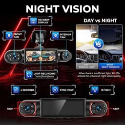 SnelShoppen - Rimoody Dashcam Auto 4 Camera's met Nachtzicht, Bewegingsdetectie, Parkeermodus 24/7, 3,16 inch IPS Display, 1080P, Ondersteuning 64GB G — thumbnail 3
